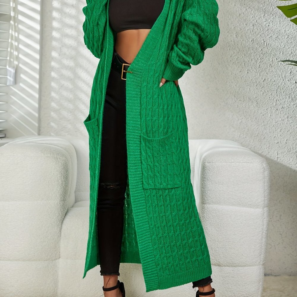 Women’s Medium Emerald Green Cable-Knit Maxi Cardigan Open-Front Sweater - Picture 7 of 11